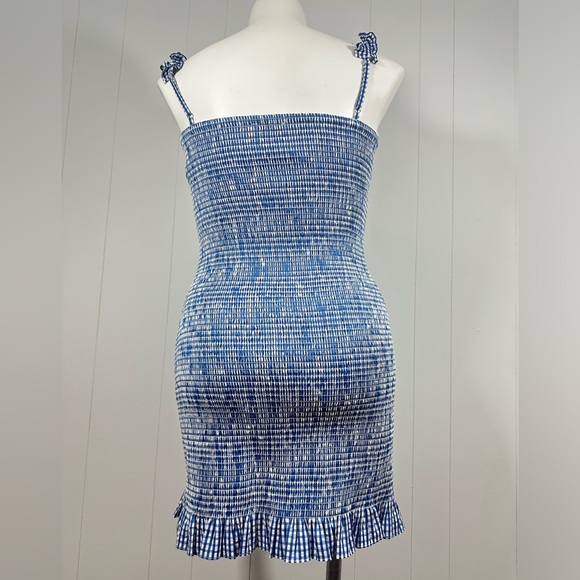 GIANNI BINI SZ XL MIA SMOCKED BLUE GINGHAM RUFFLE STRAP SLEEVELESS MINI DRESS - Picture 7 of 14